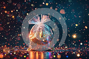 A photo featuring a plastic bag adorned with a bow, creating a simple and decorative appearance, Sparkly and magical graphics of