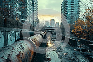 A photo featuring a prominent large pipe positioned in the central area of a bustling city, Contrasting image of a worn-out