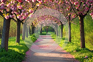 A photo featuring a scenic road lined with tall trees adorned with pink flowers, Tranquil park pathway lined by blossoming apple
