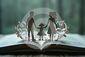 Photo featuring a smooth, white family-shaped paper laid on an opened book