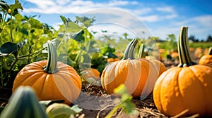 A photo featuring vibrant pumpkins nestled in a lush field.