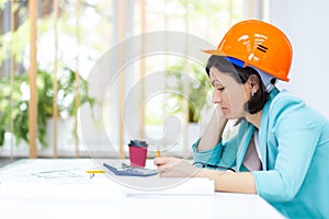Photo of female engineer wearing orange helmet.