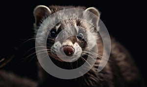 Photo of ferret showing its playful and curious nature on black backdrop. Generative AI