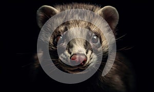 Photo of ferret showing its playful and curious nature on black backdrop. Generative AI