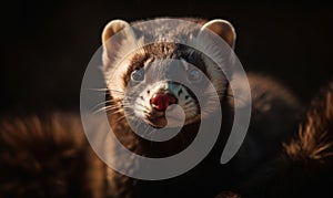 Photo of ferret showing its playful and curious nature on black backdrop. Generative AI