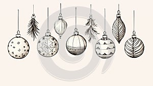 Photo of a festive display of Christmas ornaments hanging from strings