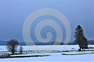 The fields covered by snow in the winter time