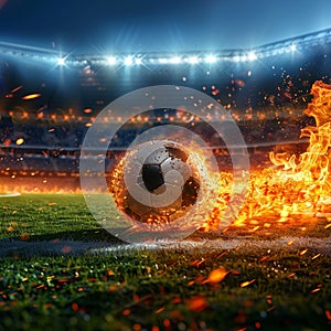 Photo Fiery soccer ball hurtles toward stadium field in exhilarating motion