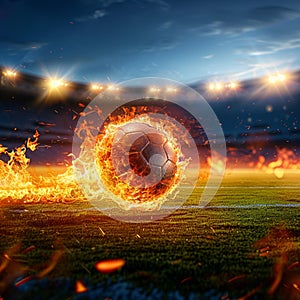 Photo Fiery soccer ball hurtles toward stadium field in exhilarating motion