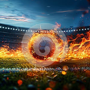 Photo Fiery soccer ball hurtles toward stadium field in exhilarating motion