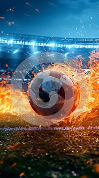 Photo Fiery soccer ball hurtles toward stadium field in exhilarating motion