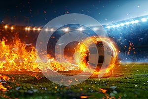 Photo Fiery soccer ball hurtles toward stadium field in exhilarating motion