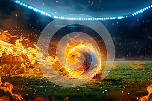 Photo Fiery soccer ball hurtles toward stadium field in exhilarating motion