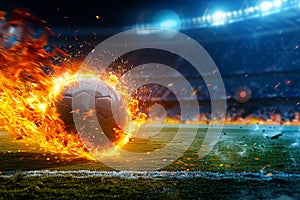 Photo Fiery soccer ball hurtles toward stadium field in exhilarating motion