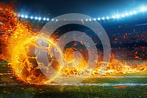 Photo Fiery soccer ball hurtles toward stadium field in exhilarating motion