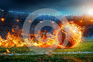 Photo Fiery soccer ball hurtles toward stadium field in exhilarating motion