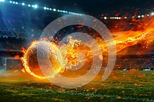 Photo Fiery soccer ball hurtles toward stadium field in exhilarating motion