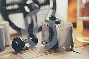 Photo film rolls and cassette, photographic equipment - developing tank with its film reels and chemical reagents