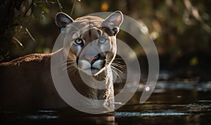 photo of Florida panther standing in water. Generative AI