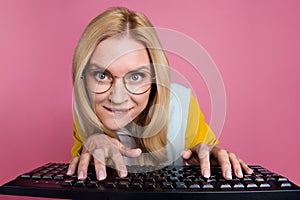 Photo of focused concentrated cunning woman professional hacking web site security protection isolated on pink color