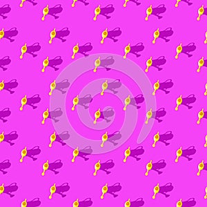 Photo in the form of a seamless pattern. Yellow watering can for watering flowers with shadows on a colored pink
