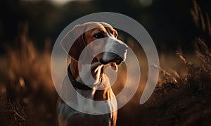 Photo of foxhound poised and alert amidst a sprawling countryside lighting accentuates the hounds muscles and the texture of its