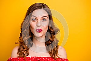 Photo of foxy lady overjoyed look wear red dress with open shoulders isolated yellow bright background