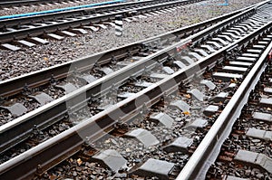 Photo fragment of the railroad tracks in the rainy weathe