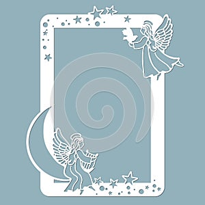 Photo frame with angel, stars and moon. Laser cut. Vector illustration. Pattern for the laser cut, scrapbooking, plotter
