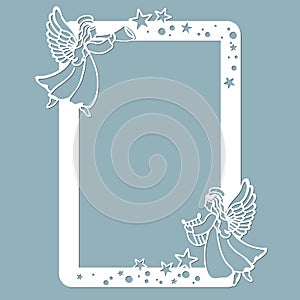 Photo frame with angel, stars and moon. Laser cut. Vector illustration. Pattern for the laser cut, scrapbooking, plotter