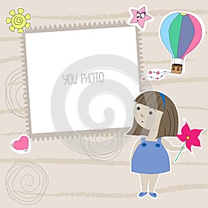 Photo frame baby simple vector illustration. Scrapbooking template for baby scrapbook with girl character, air balloon vector