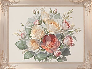 Photo frame with a bouquet of red pink and white roses with green leaves.