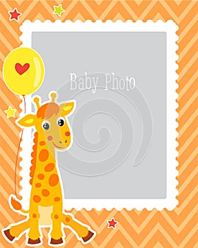 Photo Frame Design For Kid With Cute Giraffe. Decorative Template For Baby Vector Illustration. Birthday Children Photo Framework.