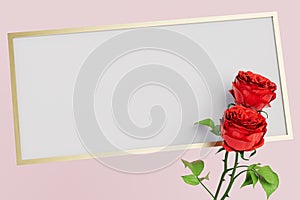 photo frame with a gold rim next to red roses on a pastel background. 3D render