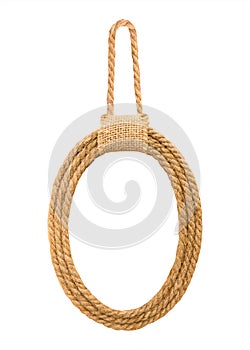 Photo frame made from natural rope in oval shape isolated on white background. Clipping path