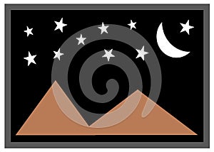 A photo frame of a mountains and moon stars landscape illustration night backdrop