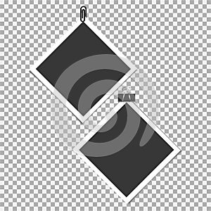 Photo frame with pin, clip and with sticky tape on grey background. Vector illustration