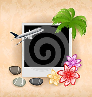 Photo frame with plane, palm, flowers, sea pebbles