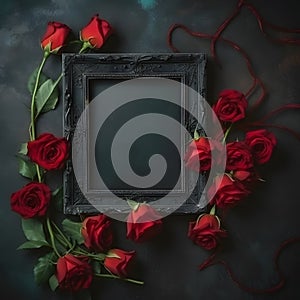 Photo frame with red roses on dark background