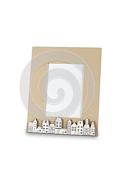 Photo frame with small houses isolated on white background 3D illustration