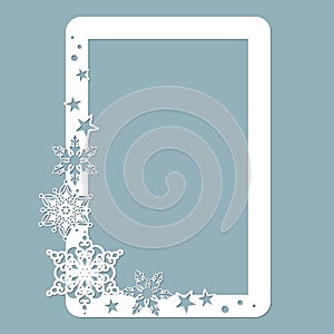 Photo frame with snowflakes, stars. Laser cut. Vector illustration. Pattern for the laser cut, scrapbooking, plotter and
