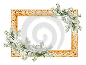 Photo frame with snowy spruce tree branches isolated on a white background