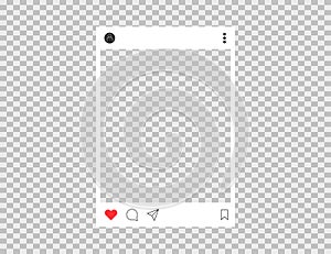 Photo frame in social style. Profile picture in social network. Heart or like icon with comment and share. Username
