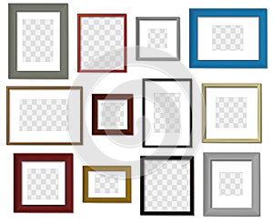 Photo frame. Wall picture different color frames, modern square border with realistic shadows vector set. Minimal
