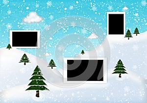 Photo frame winter with fir and snow