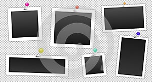 Photo frames with colorful pin. Vintage empty photos frame with adhesive tapes. Vector illustration