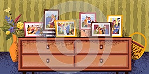 Photo frames. Family portraits. Happy parents with child and granny. Pictures on commode. Home interior. Husband and