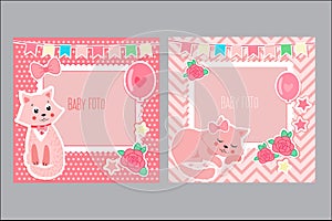 Photo Frames For Kids. Decorative Template For Baby Girl. Scrapbook Vector Illustration.