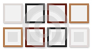 Photo frames. Realistic empty different picture frame mockup hanging on wall, isolated 3d objects, wooden and plastic