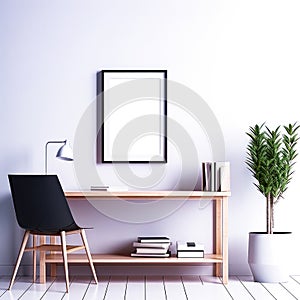 photo framing mock-up over a white wall infront of a wooden chair and a study table with a plant